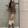 Summer Sexy High Neck Tight Dress Oversleeve Pleated Bottom Wrapped Hip Dress Women Bodycon