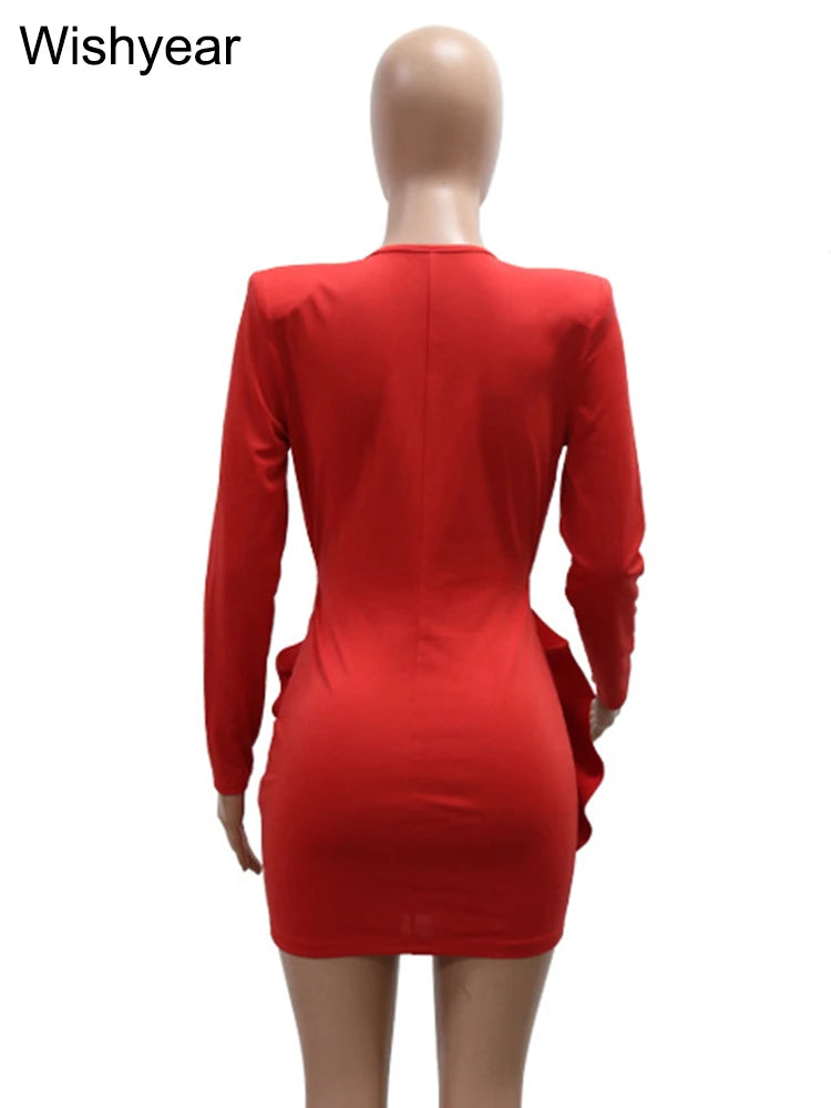New Sexy Deep V Ruffle 3D Rose Floral White Mini Dresses Woman Long Sleeve Slim Bodycon Vestidos Elegant Birthday Prom Clubwear