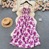 2024 New Summer Korean Fashion Rose Flower Print Romantic Retro Party Dress Elastic High Waist Vacation Long Dress Beach Vestido