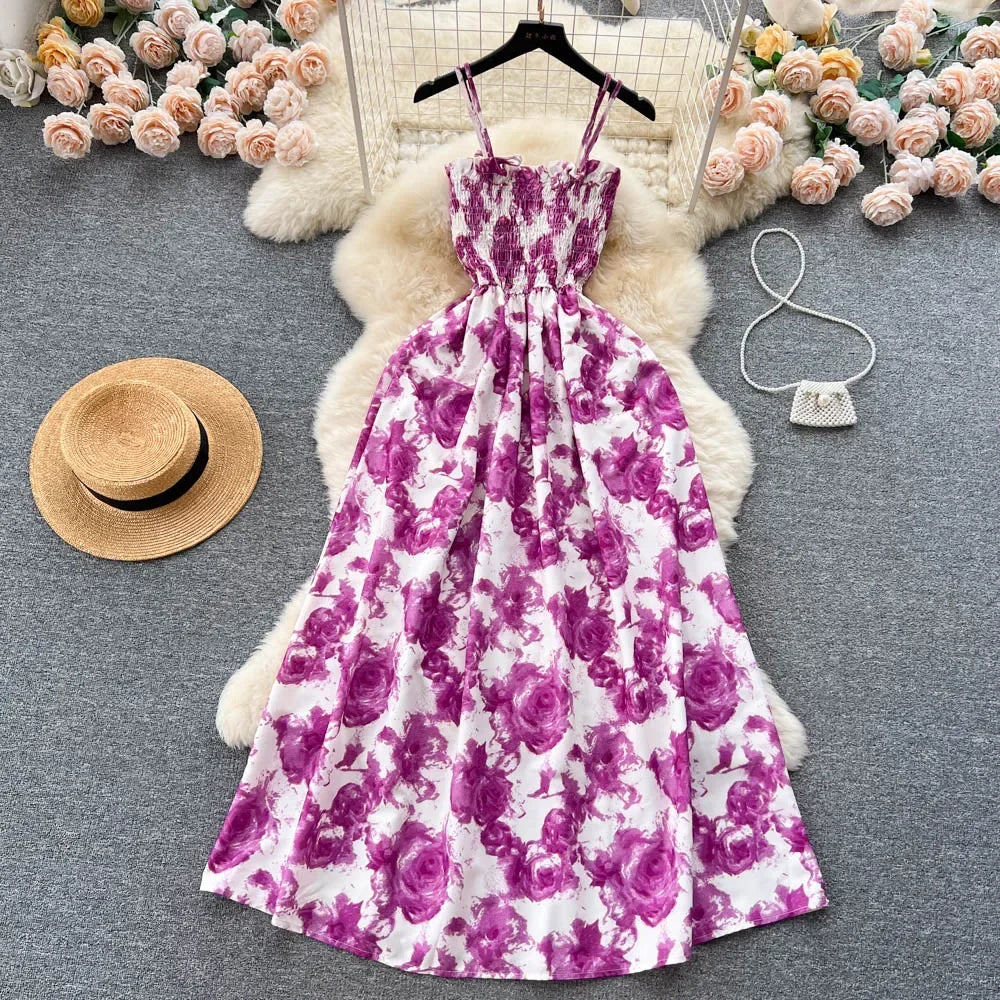 2024 New Summer Korean Fashion Rose Flower Print Romantic Retro Party Dress Elastic High Waist Vacation Long Dress Beach Vestido
