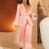 Wmstar Two Piece Set Women Turn Down Collar Feathers Patchwork Top and Pants Suit Matching Fall Clothes Wholesale Dropshpping