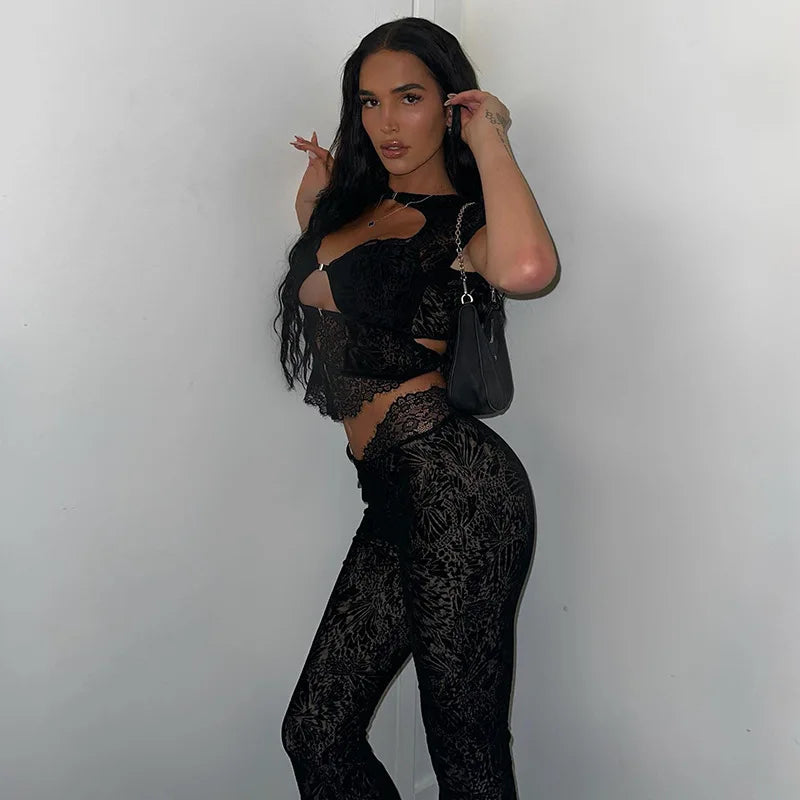 FAGADOER Sexy Lace See Through 2 Piece Sets Woman Outfit Hollow Out Crop Top + Flare Pants Female Y2K Streetwear Summer Spring