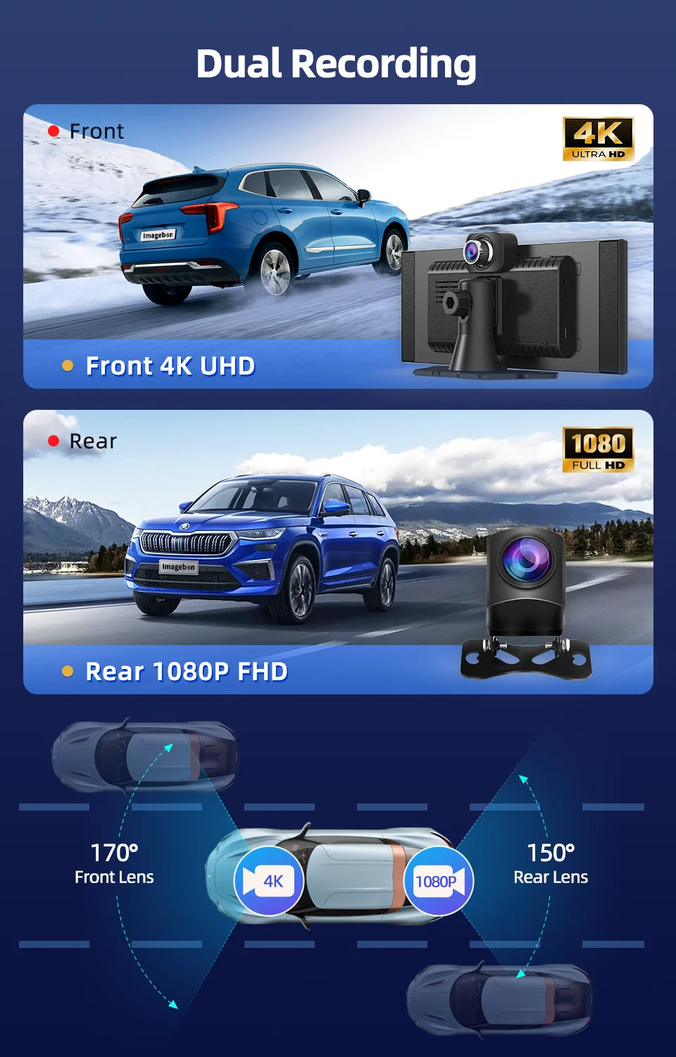 New Imagebon 11.4″ H70 Pro 4K ADAS QLED In-cell Display Car DVR Wireless CarPlay & Android Auto Night Vision AUX FM Dash Camera