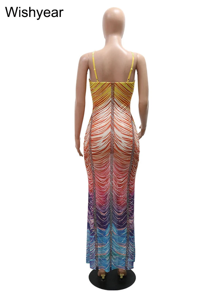 New Gradient Rhinestone Tie Dye Print Halter Mermaid Long Dresses Women Backless Sleeveless Slim Birthday Party Prom Vestidos