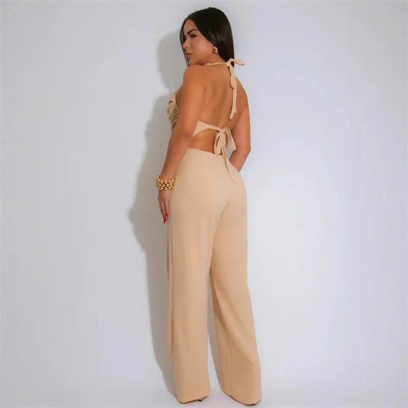 Sexy Halter Backless Jumpsuits Woman Elegant High Waist Flare Pants Sleeveless Beading Ruched Party Romper Birthday Club Outfits