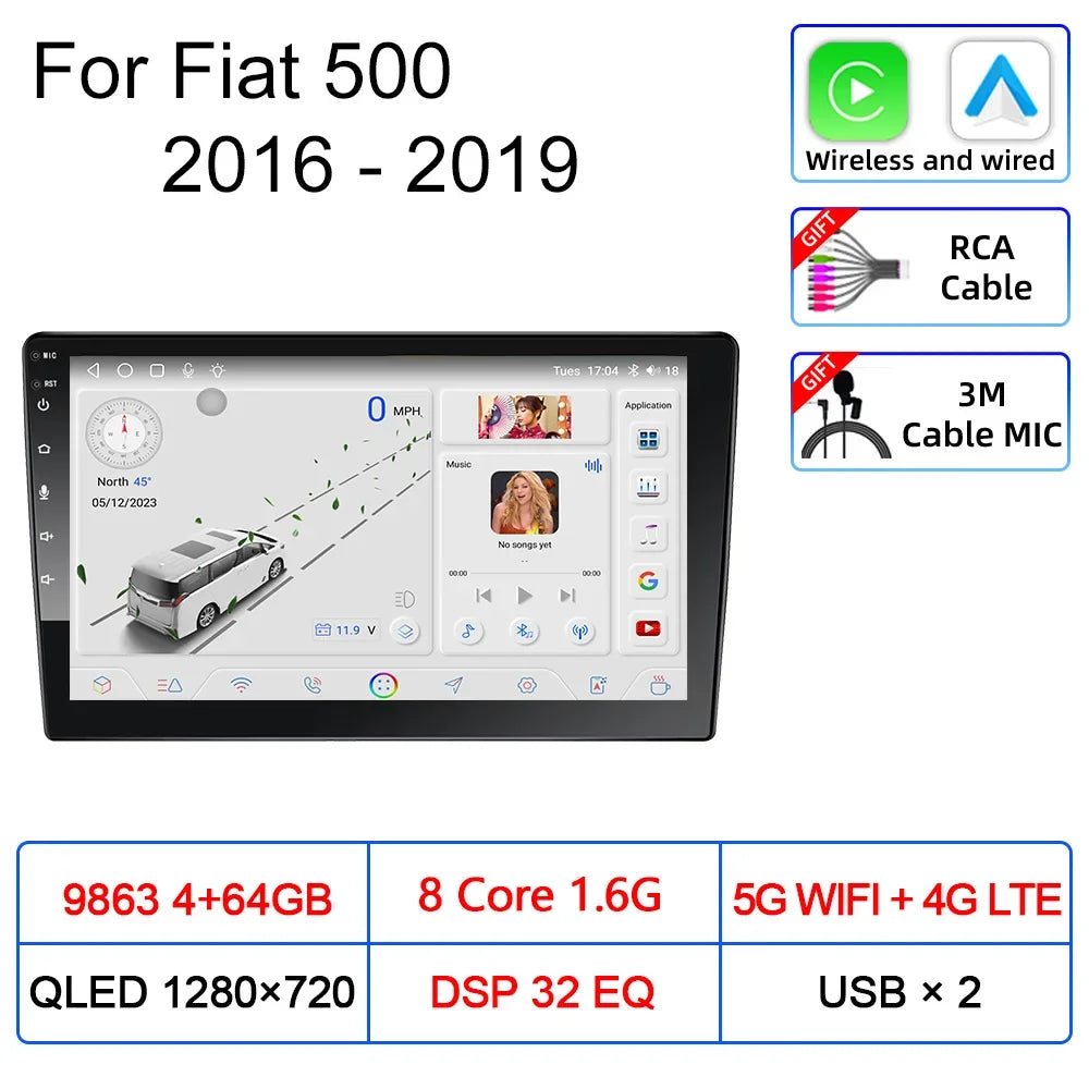 For Fiat 500 2016 2017 2018 2019 Car Multimedia Carplay Android Auto GPS stereo Radio Video Palyer 10 Inch Head Unit