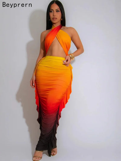 Beyprern Tropical Goddess Halter Neck Crop Top And Maxi Skirt Set Summer Women's Tie Dye Ruched Two-Piece Dress Night Clubwear