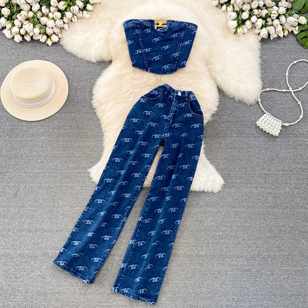 Two Piece Set Women Sleeveless Bandeau Tops Sexy Crop Shirt Button Pant Sets Straight Trousers Pockets Casual Matching Sets