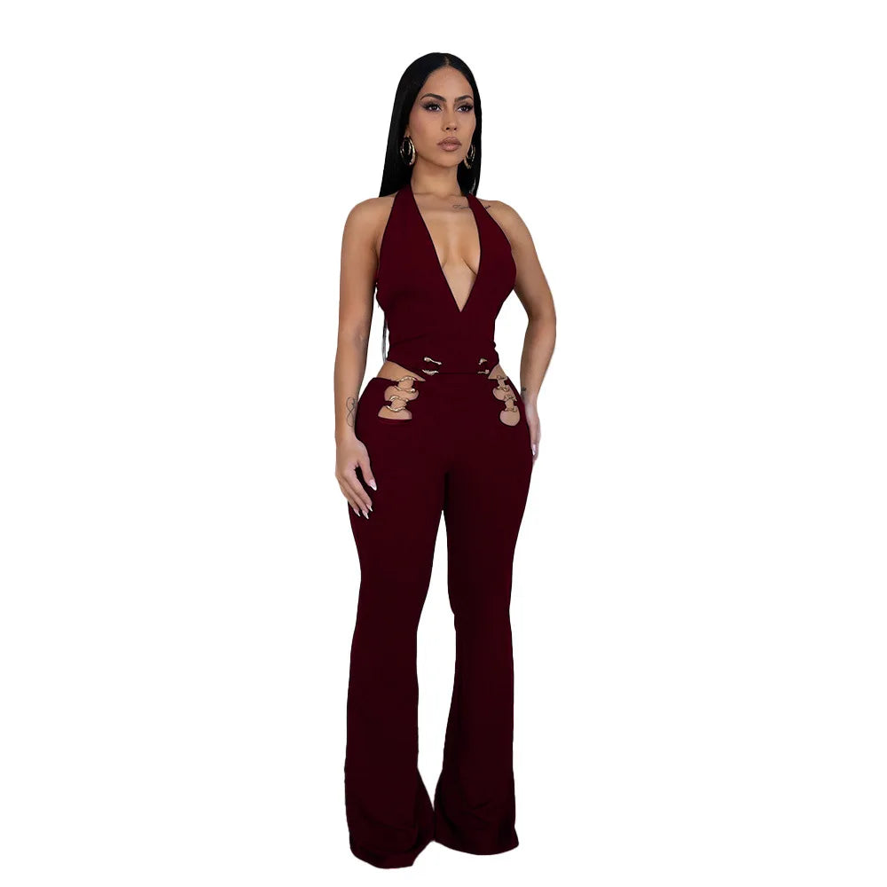 CM.YAYA Women V-Neck Backless Straight Sleeveless Flare Jumpsuits 2025 Summer Hollow Out Sexy One Piece Set Streetwear Outfits