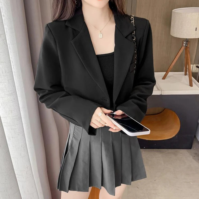 Cropped Blazers for Women 2024 New Korean Fashion Long Sleeve Button Up Suit Jacket Woman Elegant All Match Office Blazer Female