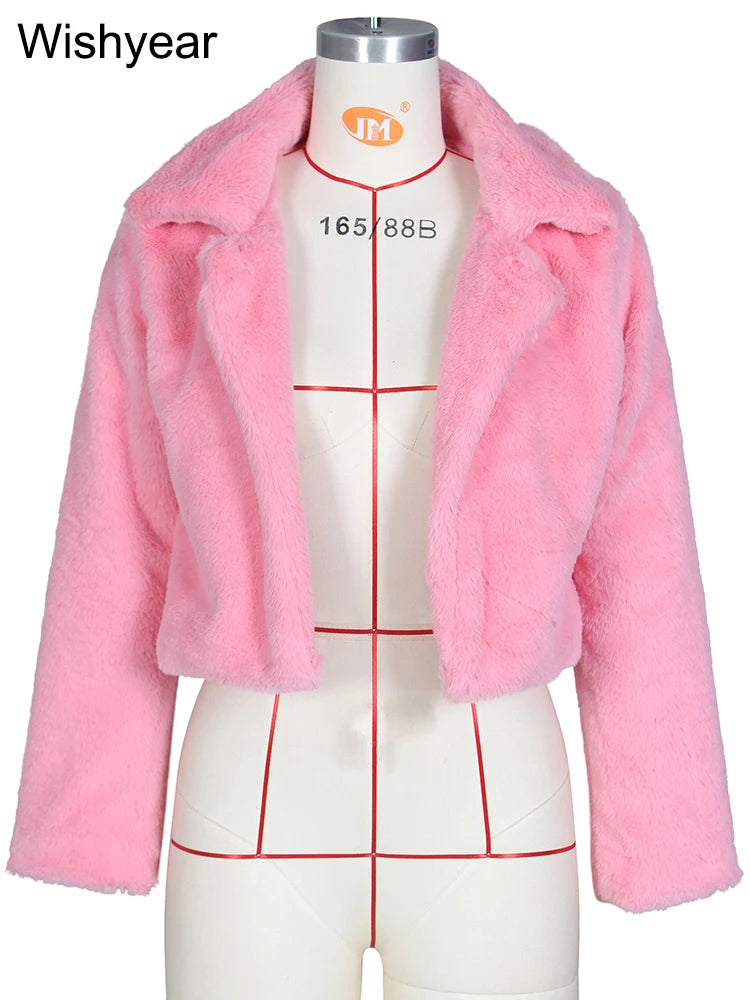 Fashion Faux Fur Open Stitch Lapel Crop Jackets Women Clothing Autumn Winter Solid Long Sleeve Warm Furry Fluffy Coat Outer Wear