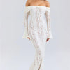 Mozision Floral Lace Off-shoulder Maxi Dress For Women White Strapless Backless Long Sleeve Bodycon Club Party Sexy Long Dress