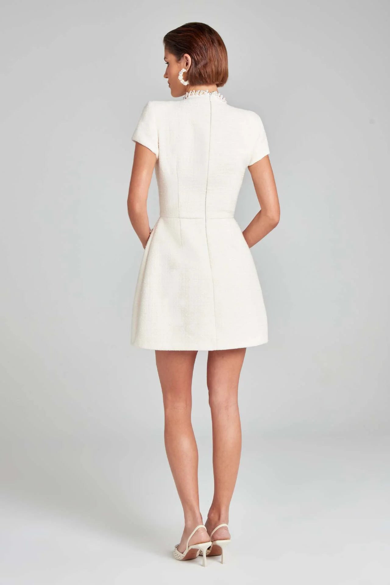 White Shoulder Pad Short Sleeve Party Dress Women's Elegant Tweed A-line O-neck Patchwork Luxury Black Evening Dresses Birthday