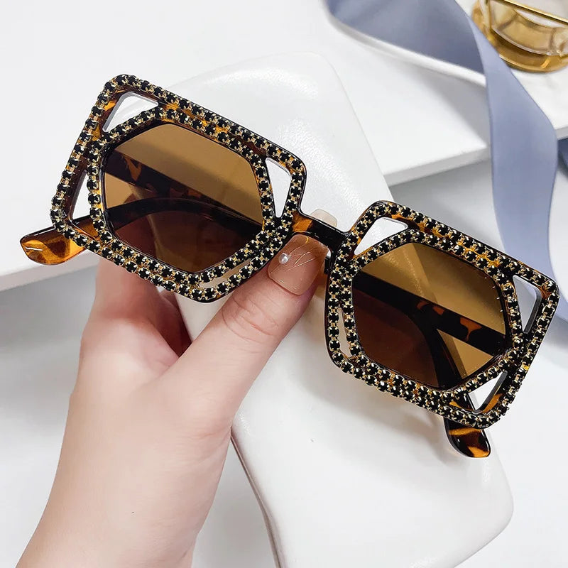 Square Luxury Diamonds Sunglasses Women Punk Fashion Rhinestone Sun Glasses Female Shiny Sexy Yellow Lens Eyewear Shade Handmade