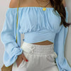Women Sexy Off Shoulder Printing Blouses Chic and Elegant Lantern Long Sleeve Lace Up Bow Cropped Tops Casual Slim Shirts 2023