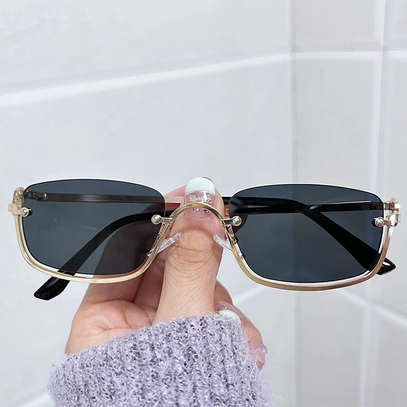Half Frame Square Sunglasses for women Luxury Brand Small Metal Retro Rectangle Black Sun Glasses Woman Fashion Eyewear