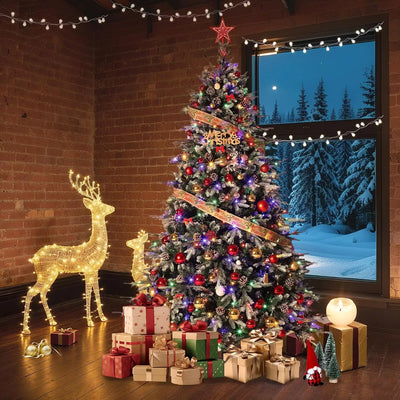 6Ft/7.5Ft/9Ft Pre-Lit Snow Flocked Christmas Tree 8-Modes LED Lights Prelit Artificial Tree With Fake Pine Cones For Home Decor