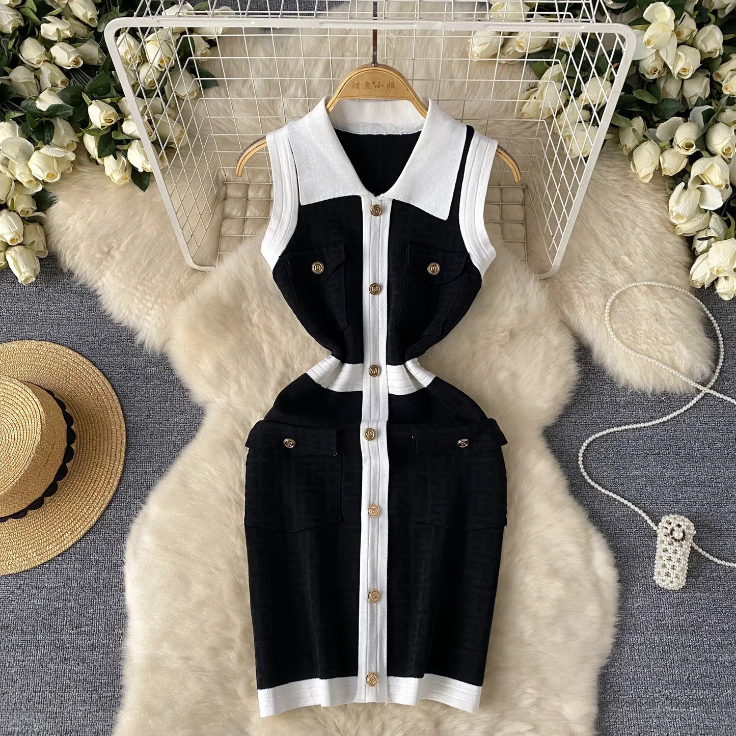 Mini Dress Women Dresses Vests Knitted Vestidos Bodycon Streetwear Polo Neck Sleeveless Single Breasted Splice Y2k Elegant Work