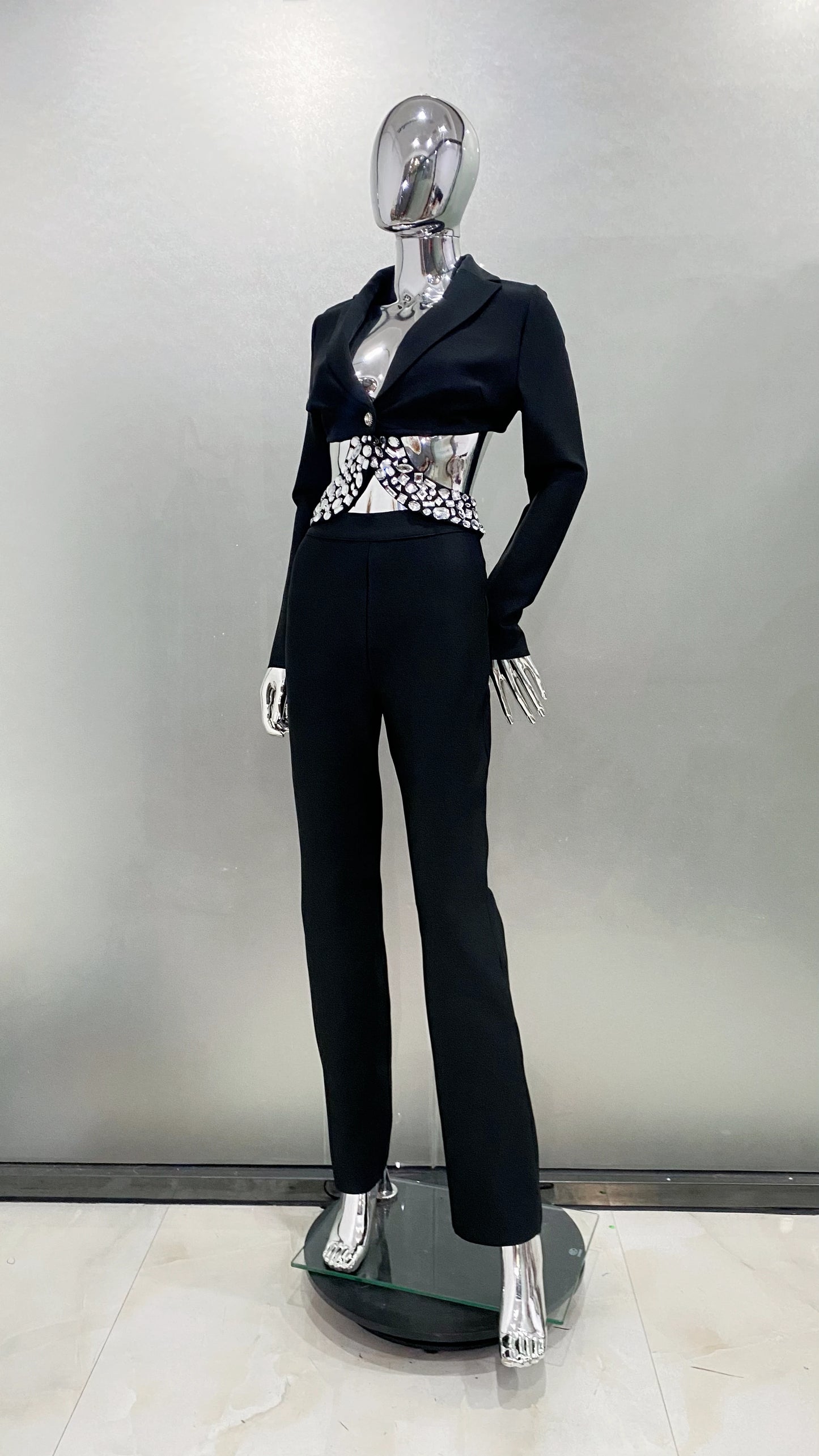 2024 New Arrival Black White Women Long Sleeve Sexy V-Neck Bodycon Bandage Set Shinning Crystal Nightclub Party Women's Set
