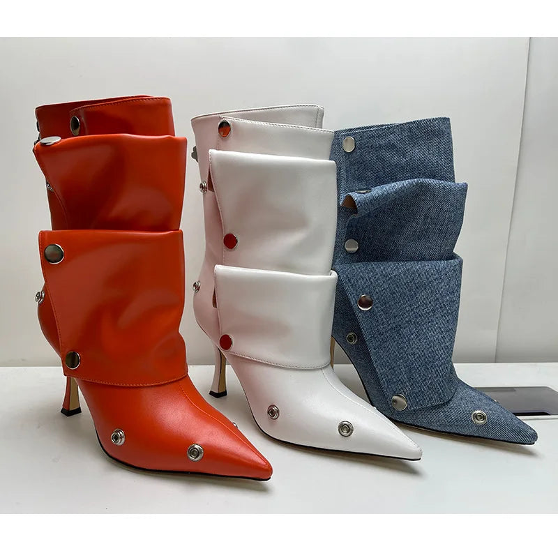 2025 Classics Women Pointed Toe Strange Heels Boots For Woman's Rivet Button Zipper-Sid Solid Color High Heels Shoes Botas Altas