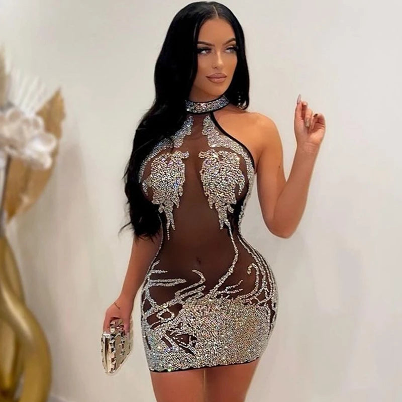 Sexy Party Dress for Women Mesh Sheer See Through Party Club Night Mini Bodycon Dress Luxury Rhinestone Sparkly Birthday Dress