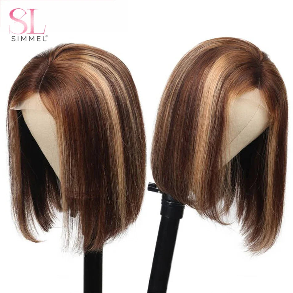 SIMMEL Ombre 4x4 Lace Closure Wig Highlight Colored Human Hair Wigs Highlight Brown Bob Wigs Straight Remy Hair 180 Density
