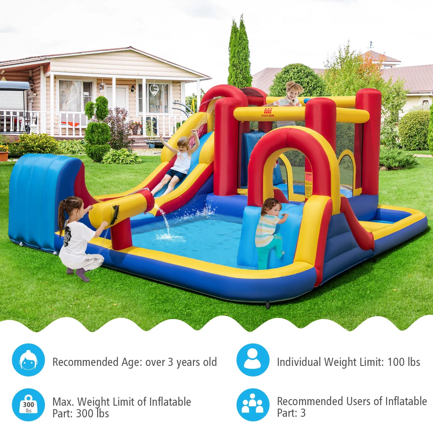 Inflatable Water Slide Giant Kids Water Park w/ Double Slides without Blower