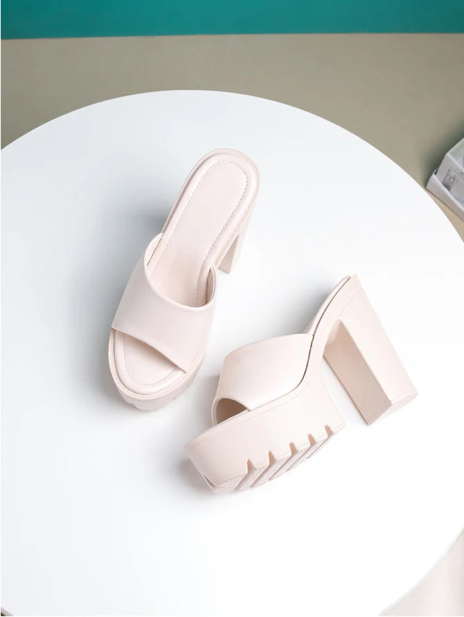 Eilyken Summer Fashion Women's Slippers Banquet Nightclub Platform Chunky High Heels Slide Mule Shoes Green White Sandals