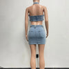 Denim Dress Sets Mini Wrap Buttocks Dress Slim Sheath Solid Two Pieces Sashes Sexy Pullover Tops Washed High Street Spliced