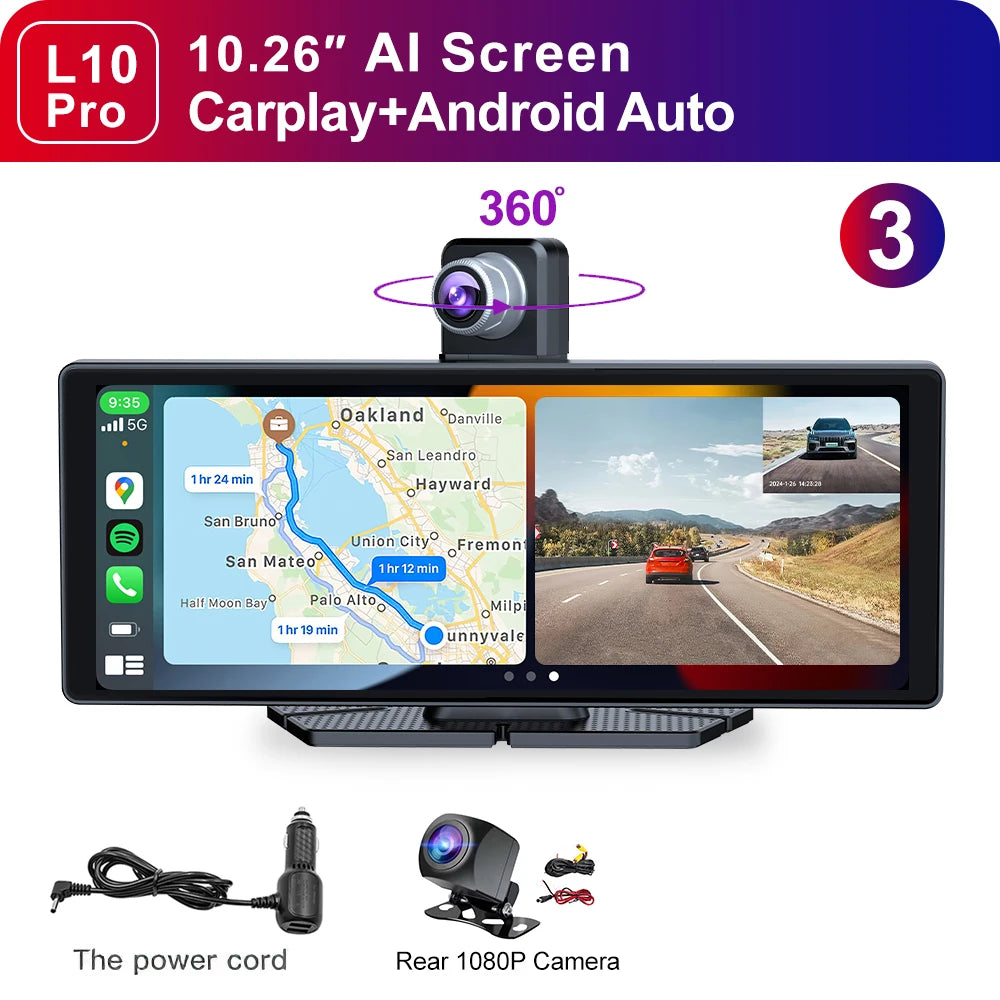 LEHX LP10Pro 10.26" DashCam Car DVR 4K Dual Len Recorder Carplay Android auto Ai Screen Dash Cam GPS Navigation Dashboard