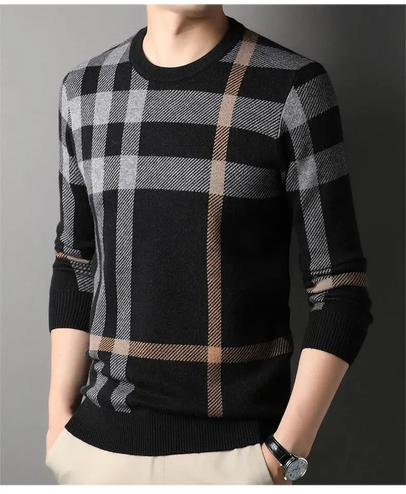 High Quality Luxury Men's Knitted Pullover Autumn Winter O-Neck Striped Wool Sweater British Casual Fashion Versatile Knitwear
