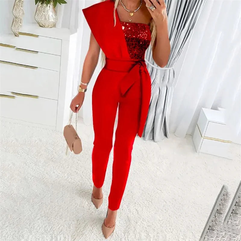Fashion Sequins Decoration One Shoulder Backless Jumpsuit Women Female Slim Fit Stretch Lace-up High Waist  Back Zipper Rompers
