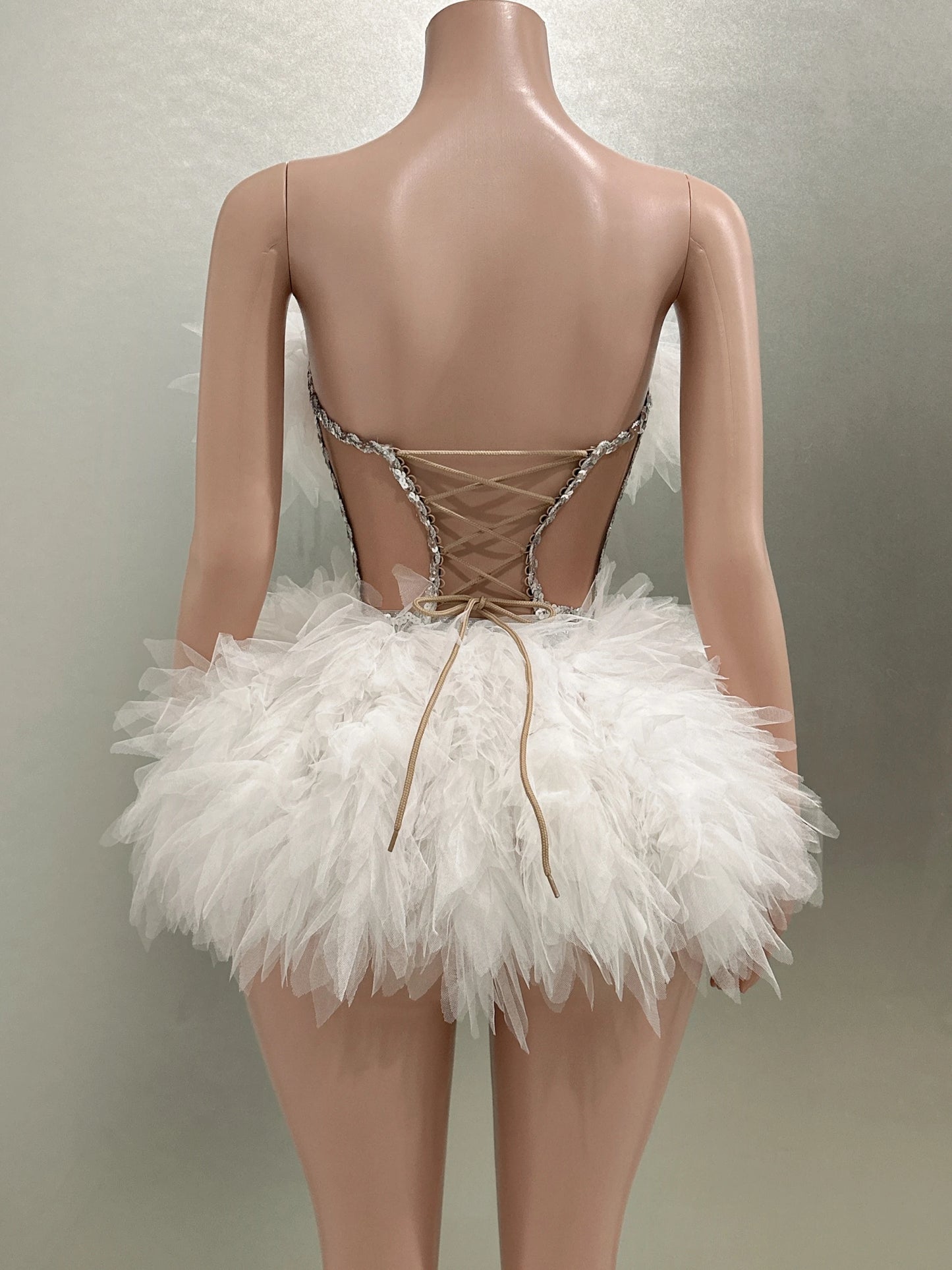 Hot Sale Women Sexy Mesh Ruffles Ball Gown Mini 2 Pieces Dress Lace-up Crystal Birthday Party Celebrate Nightclub Wear