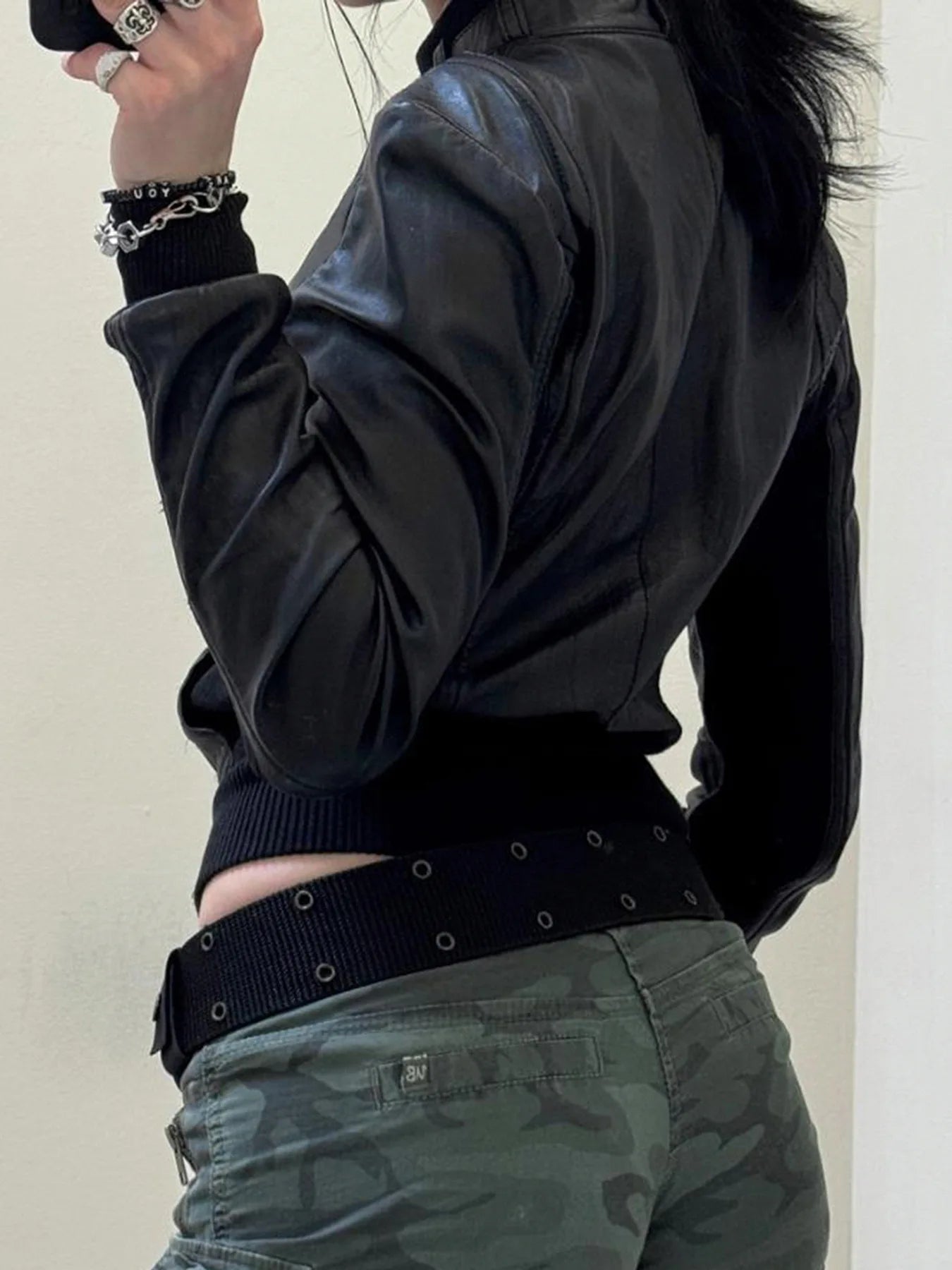 Street style waist cinched short stand up collar PU leather spicy girl zipper cardigan casual jacket