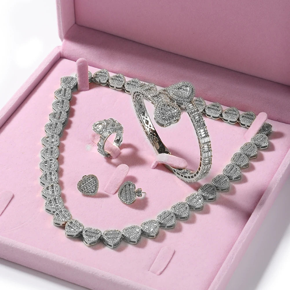 THE BLING KING Lovely Jewelry Set For Women Heart Shaped Chain Necklace Adjustable Heart Bracelet Open Heart Ring Heart Earring