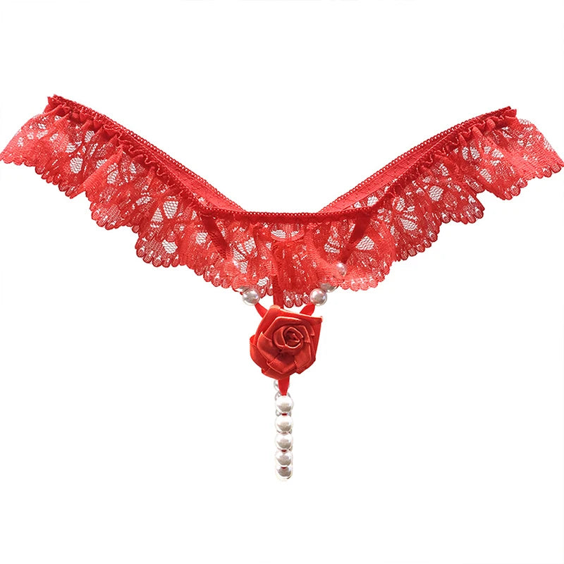 New Pearls Rose Embellishment Thong Embroidery Panries Women's Sexy Ultra-thin G-string Low-waist Beaded Temptation Underwear