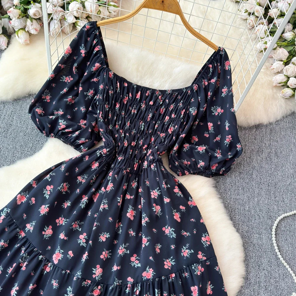 2024 New Summer Flower Print Long Dress Women Vintage Square Neck Ruched Chest Sash Bandage Sundress Party Vestidos