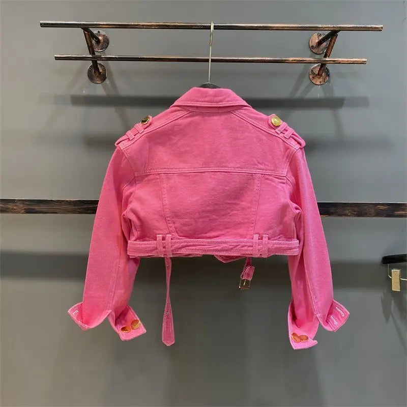 Girls' Rose Red Denim Jacket Spring and Autumn New Collection Solid Color Collar Metal Buckle Children's Fashion Short Coat