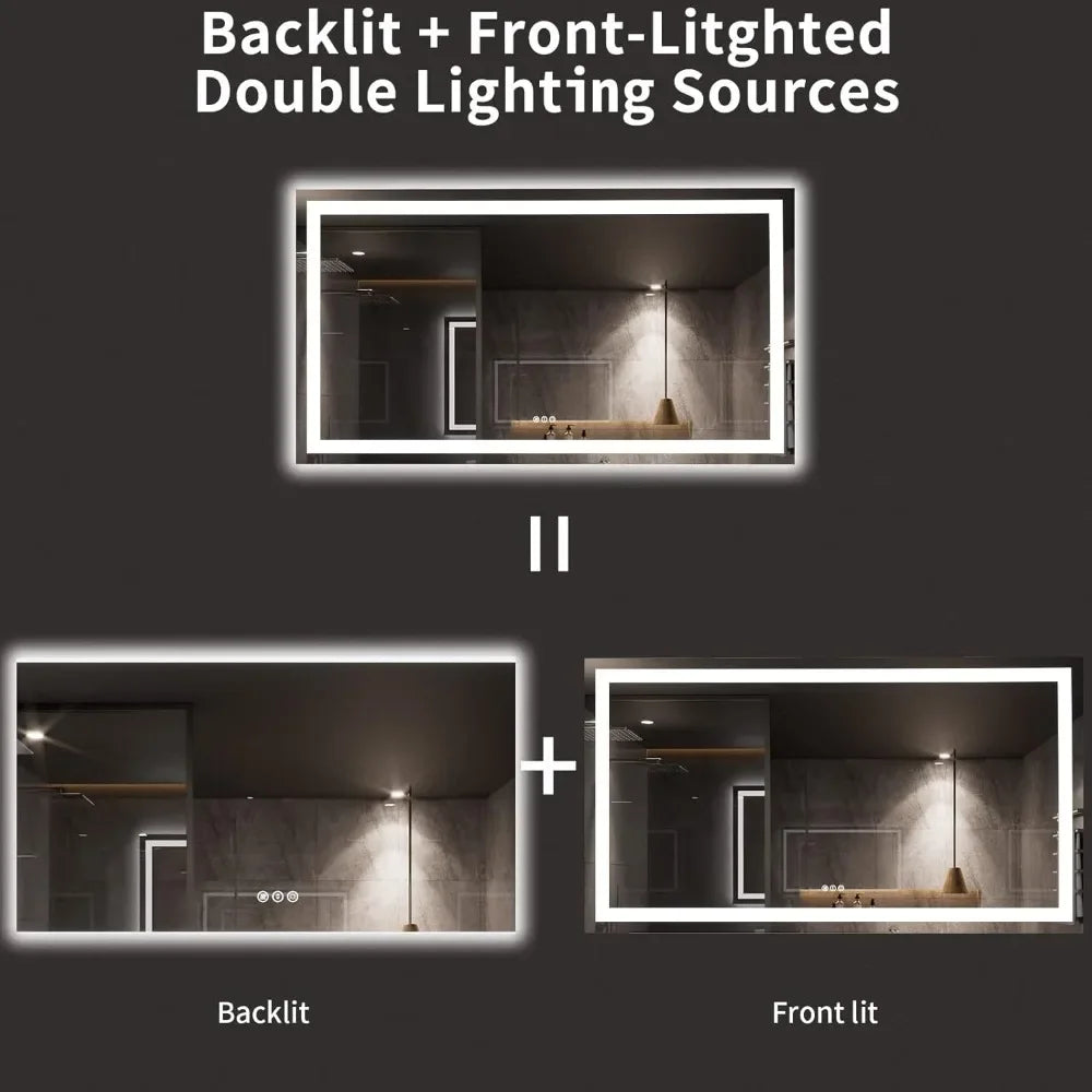 72X40 LED Bathroom Mirror with Lights, Anti-Fog, Dimmable, Backlit + Front Lit, Lighted Bathroom Vanity Mirror for Wall