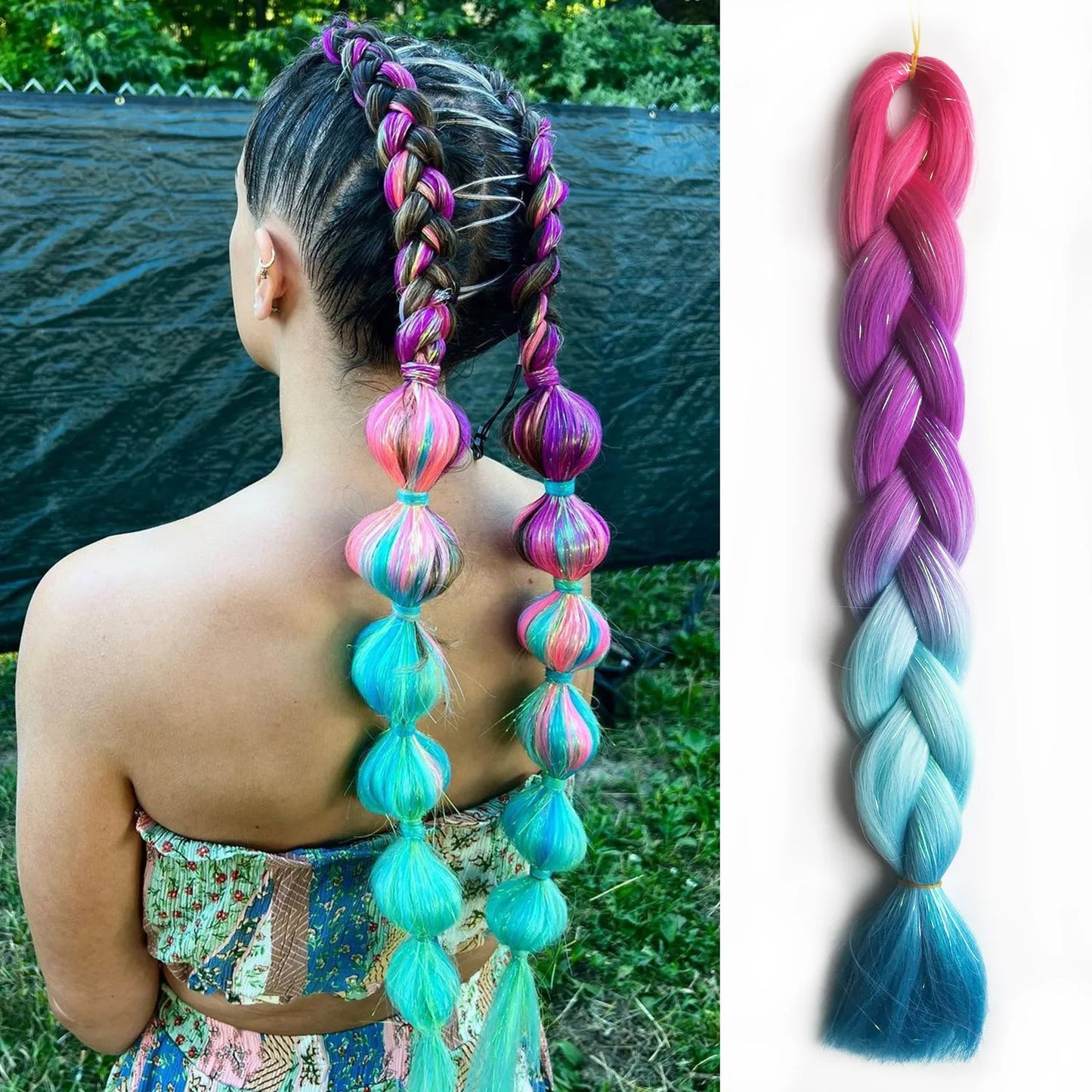 Synthetic Tinsel Braiding Hair 4 Tones Ombre Color White Purple Blue Yellow Jumbo Braids Mixed tinsels For Festival Party