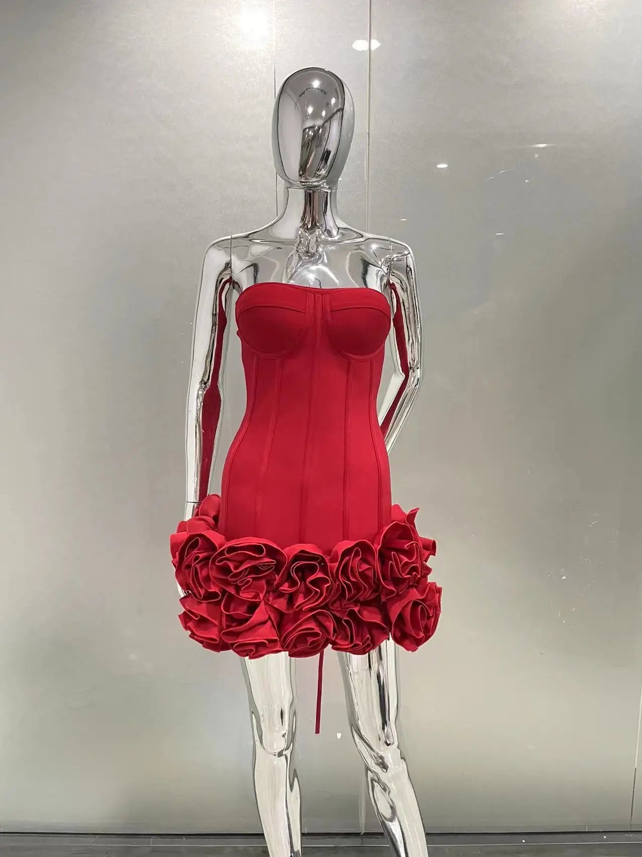 Red Color Women Sexy Strapless Ball Gown Mini Fashion Celebrity Nightclub Party Dress Birthday Cocktail Girls' Outfit