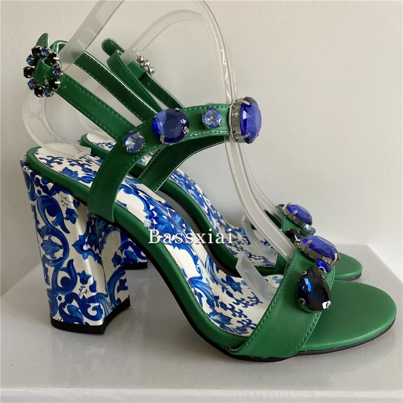 Luxury Diamond Crystal Decor Modern Sandals Women Blue And White Porcelain Print Ankle Strap Summer Shoes For Girls
