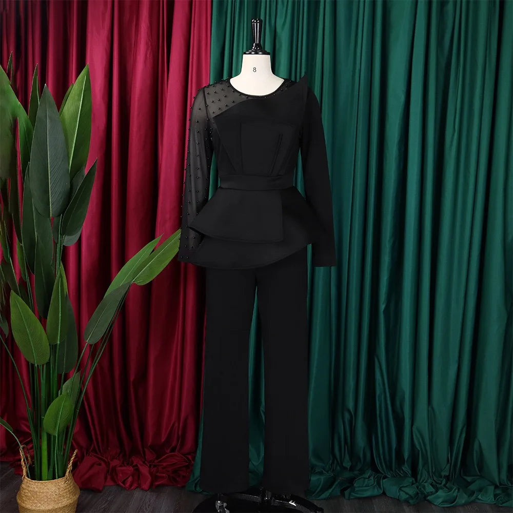 Luxury Jumpsuits & Rompers for Women Round Neck Beaded Transparent Sleeve High Waisted Elegant Female Birthday Party Overalls