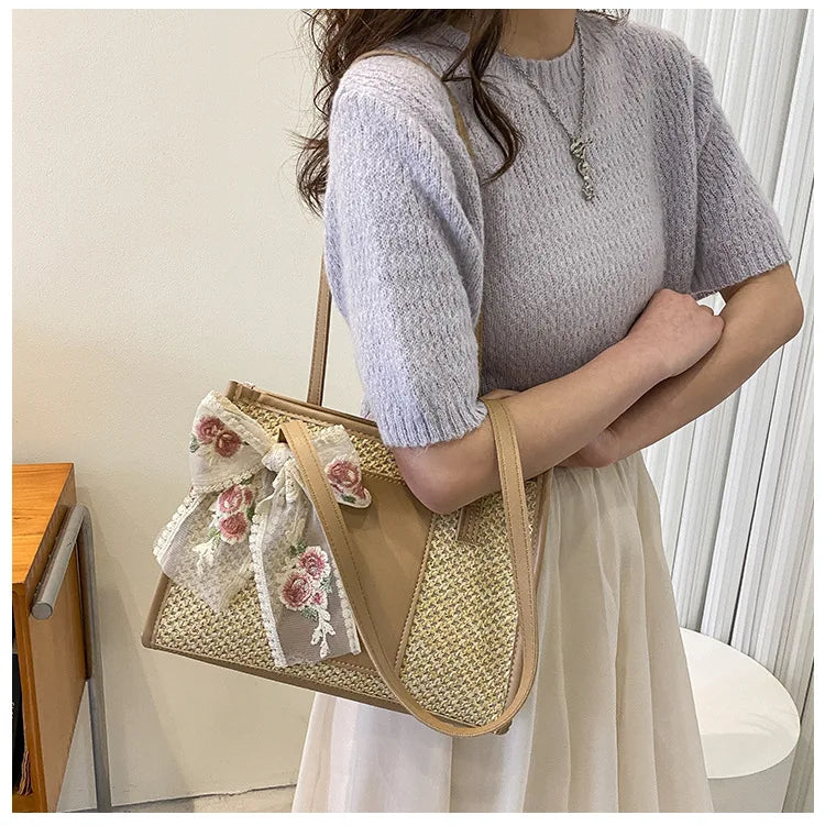 Trendy Lightweight Casual Bow Decor Straw Bag Hollow Out Knitted Flower Tote Bag Large Capacity Shoulder Bag For Teen Girl Women