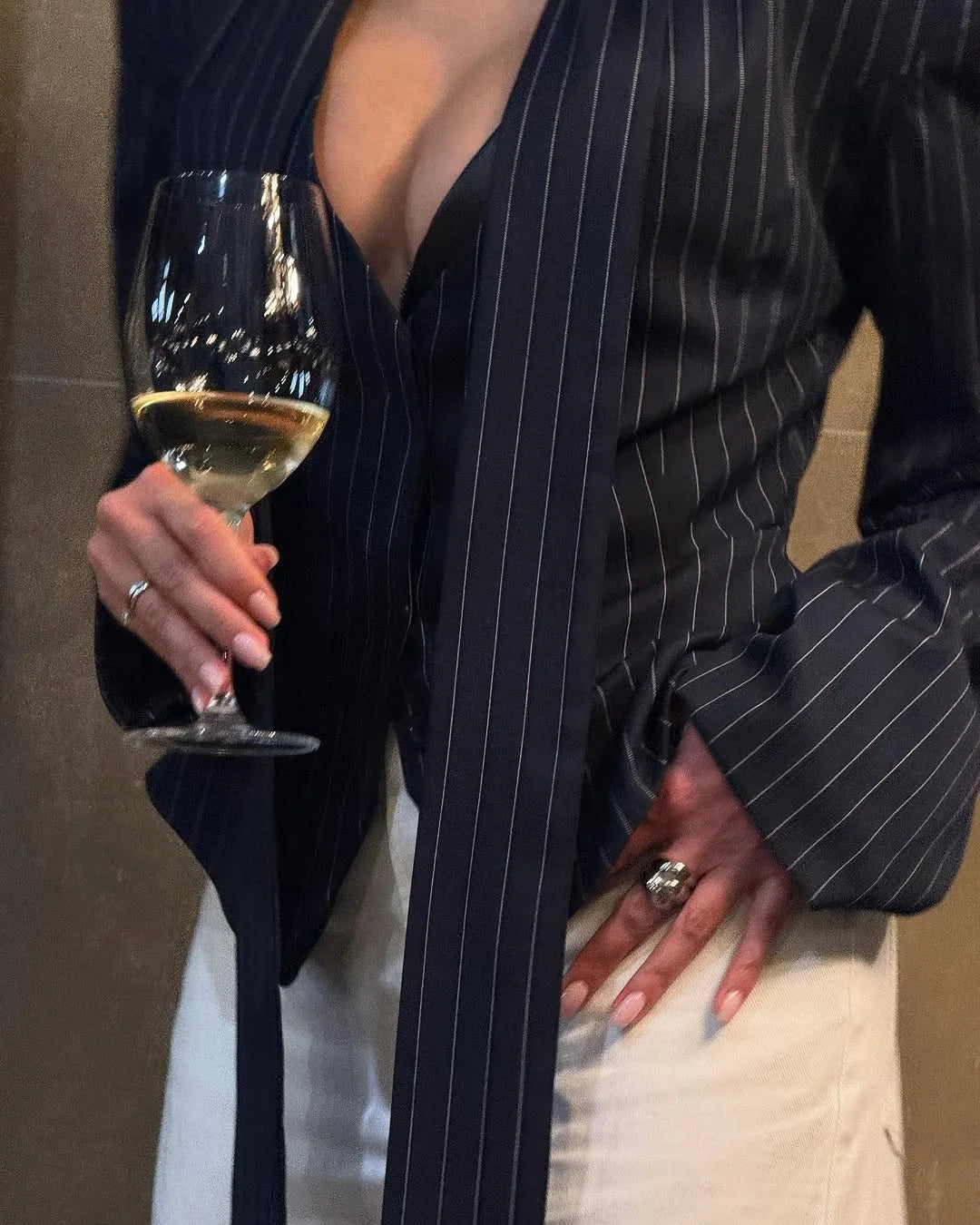 Tossy Elegant Female Striped Suit Coat For Women Scarf Lace-Up Patchwork V-Neck Long Sleeve Luxury Outwear Female Jackets Coat