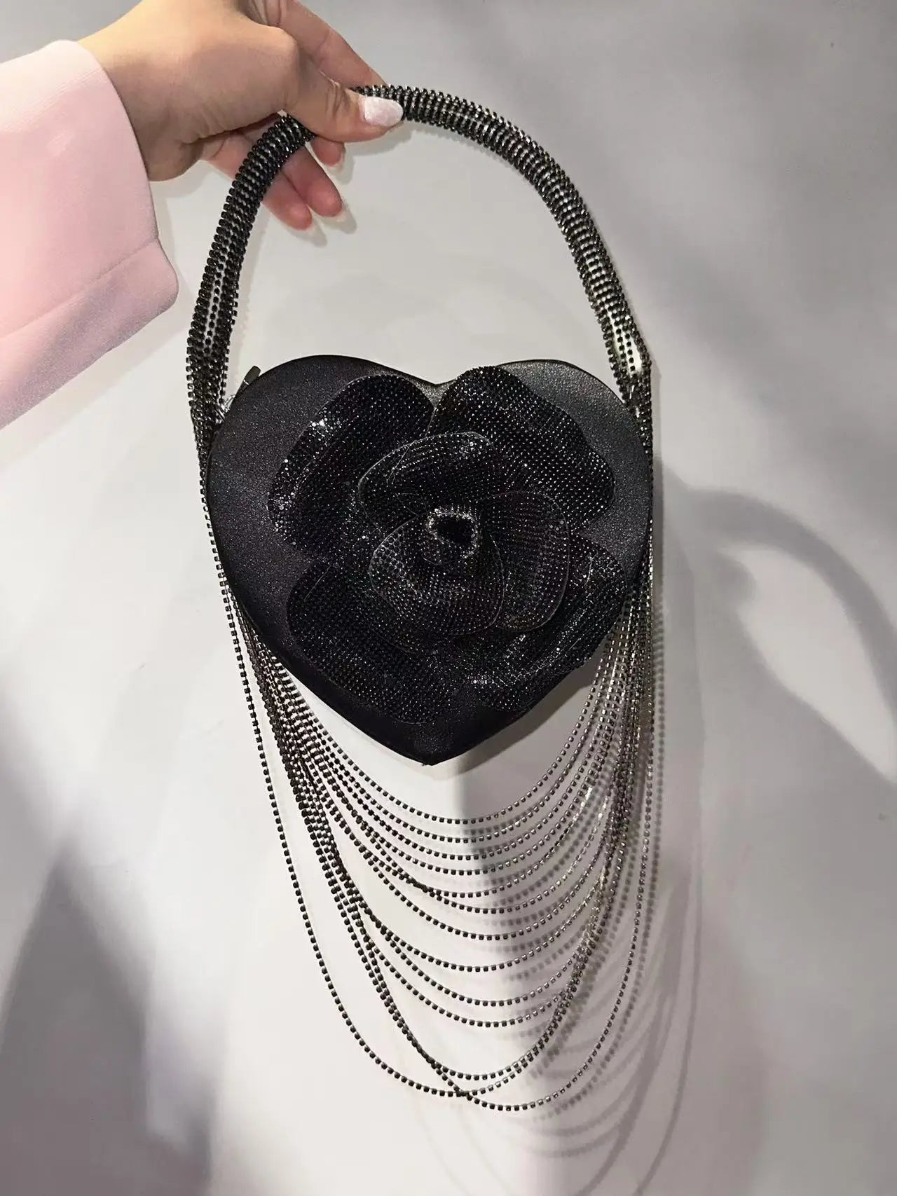 Luxury Glitter Floral Rhinestone Diamond Tassel Evening Bag Heart-Shaped Women's Handbag Wedding Party Clutch Purse Shoulder Bag
