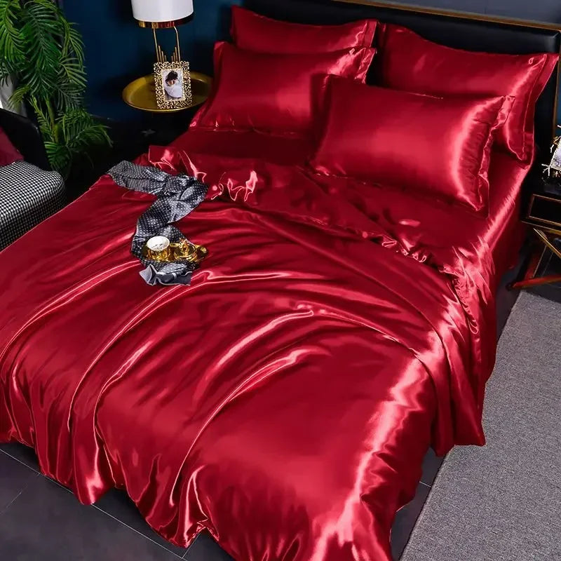 Nordic Satin Silk Bedding Set with Duvet Cover Bed Sheet Pillowcases Luxury Solid Single Double Couple Pillow Case Bedsheet
