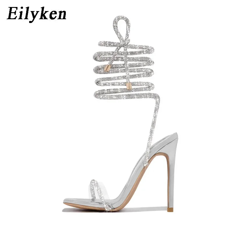 Eilyken CRYSTAL Diamond Thin High Heels Women Sandals Sexy Ankle Cross Strap Lace-Up Square Toe Party Dress Female Shoes