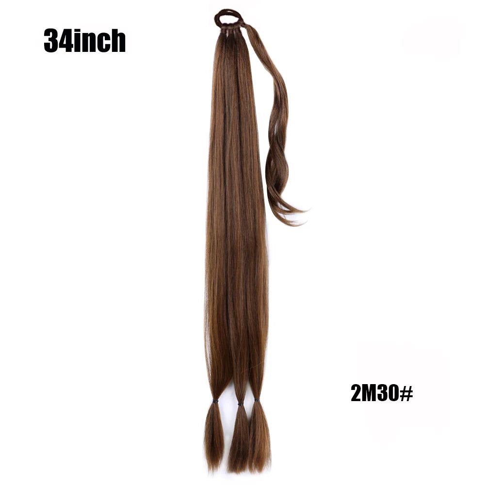 Ponytail Extensions Synthetic Boxing Braids Wrap Around Chignon Tail With Rubber Band Hair Ring 26 Inch Brown Ombre Braid DIY