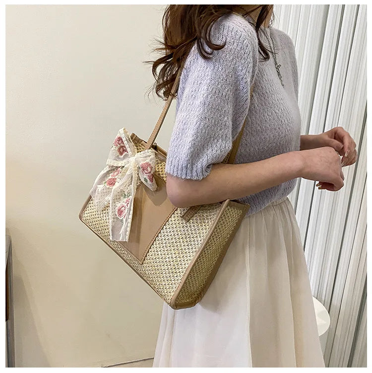 Trendy Lightweight Casual Bow Decor Straw Bag Hollow Out Knitted Flower Tote Bag Large Capacity Shoulder Bag For Teen Girl Women